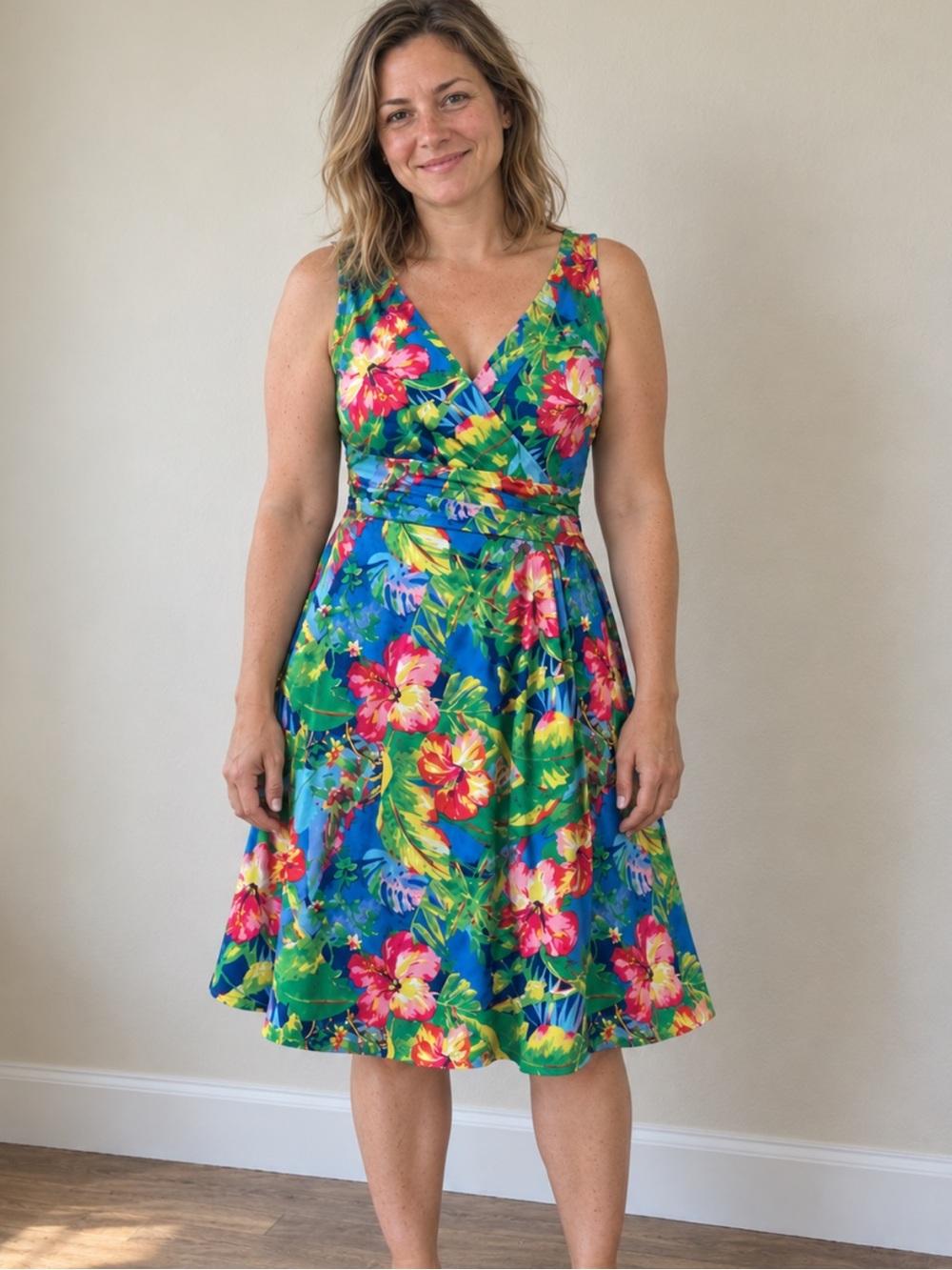 Lauren Ralph Lauren Size 6 Tropical Floral Wrap Dress Blue Hibiscus Resort Wear